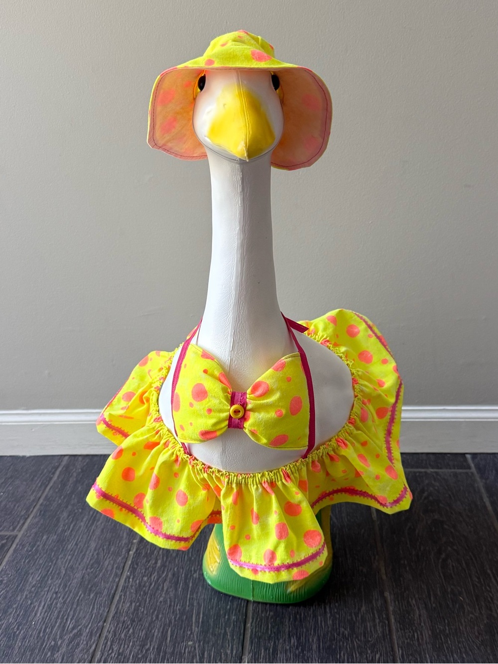 Yellow & pink polka dot bikini with hat for 23” porch goose